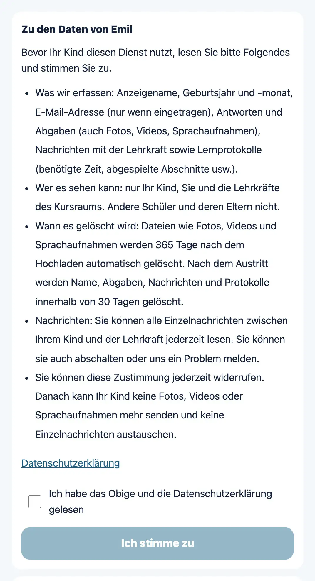 Ansicht zur Zustimmung der Eltern