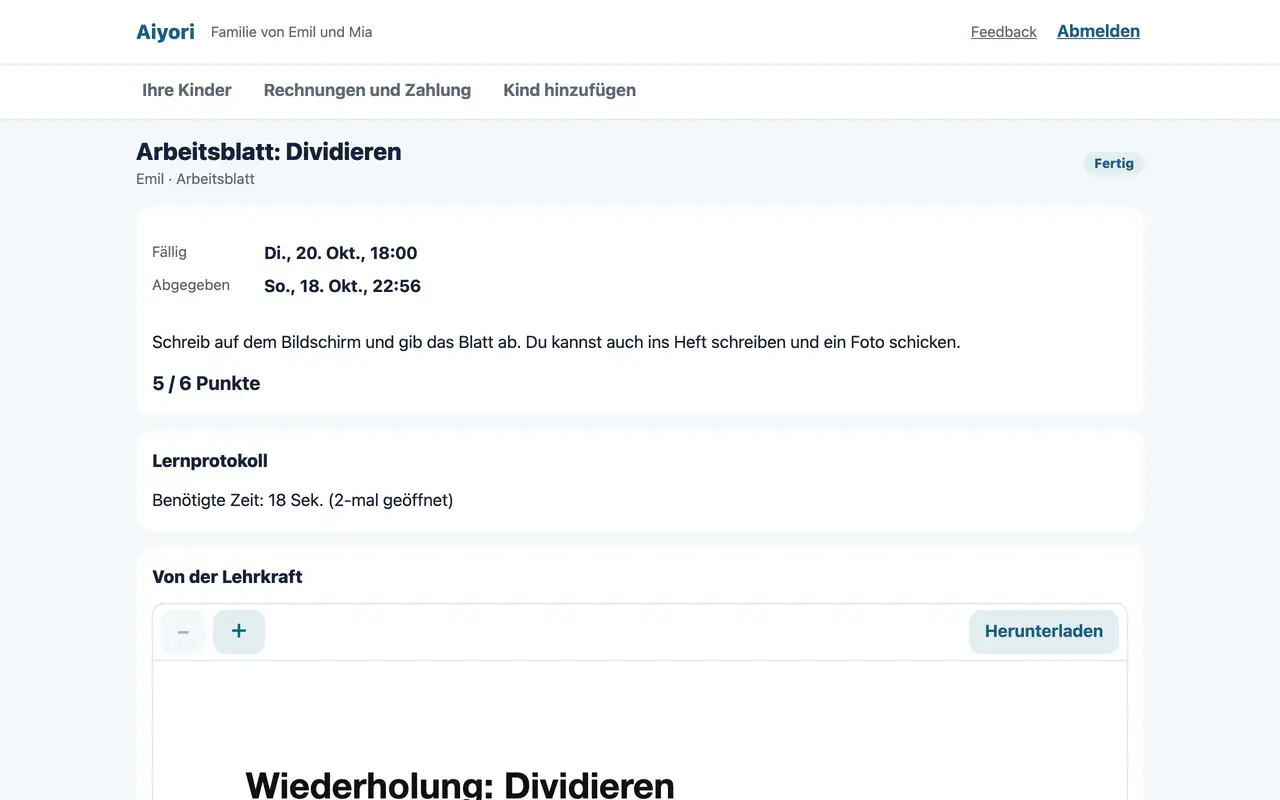 Aufgabendetails in der Elternansicht