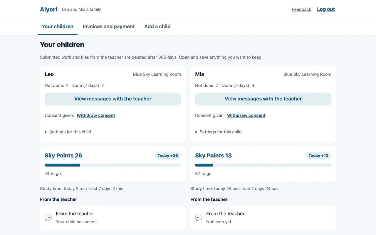 The guardian’s screen. For each child, it lists tasks not done, tasks done, study time and voice messages from the teacher.