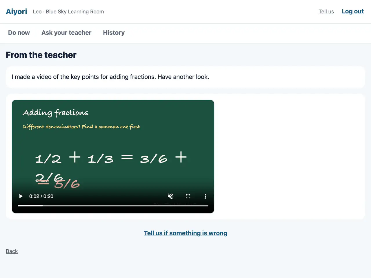 The screen for a voice message from the teacher