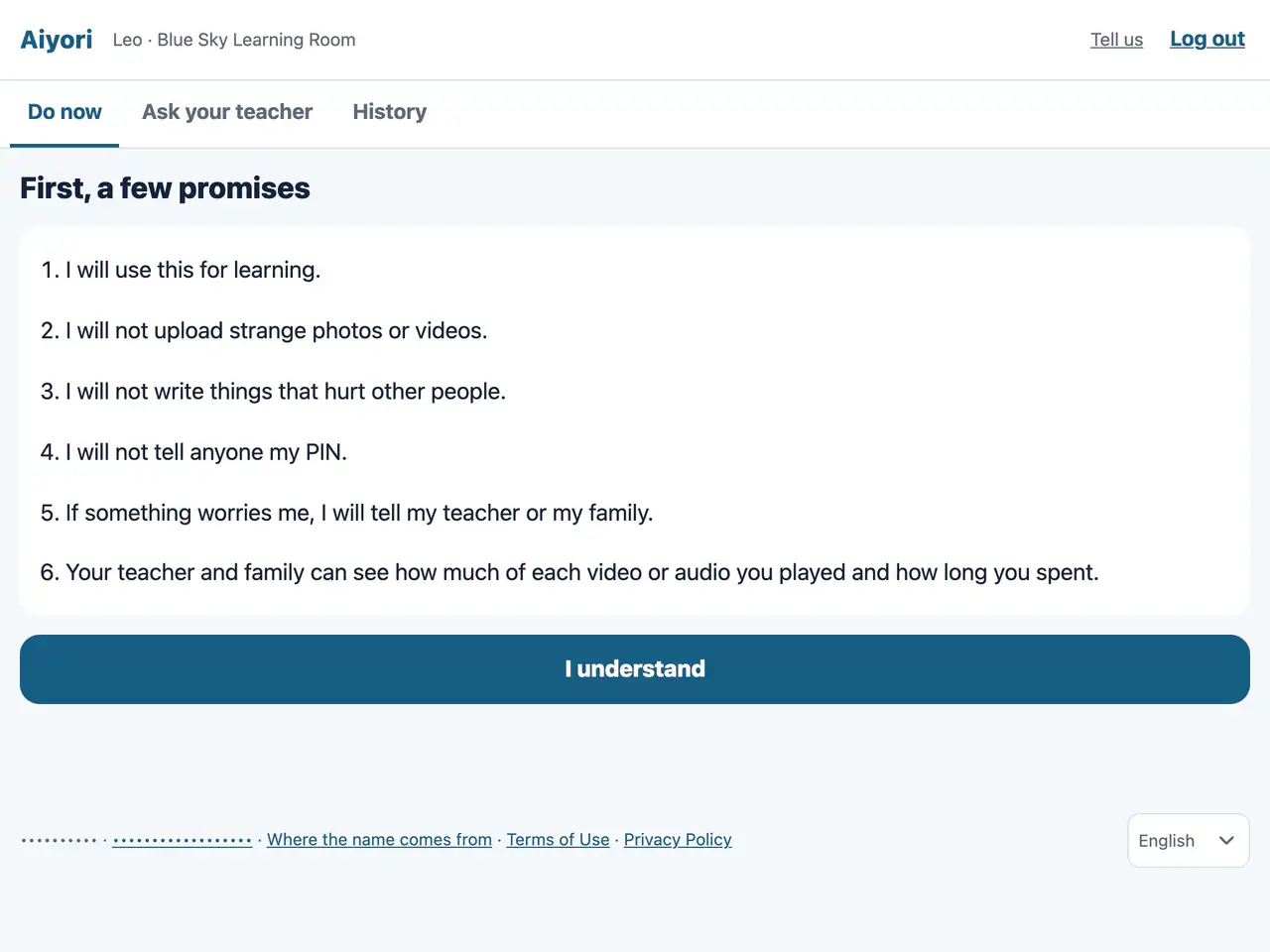 The “First, a few promises” screen