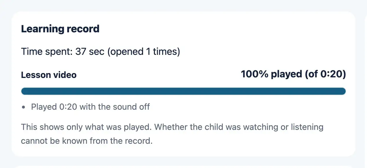 The Learning record screen