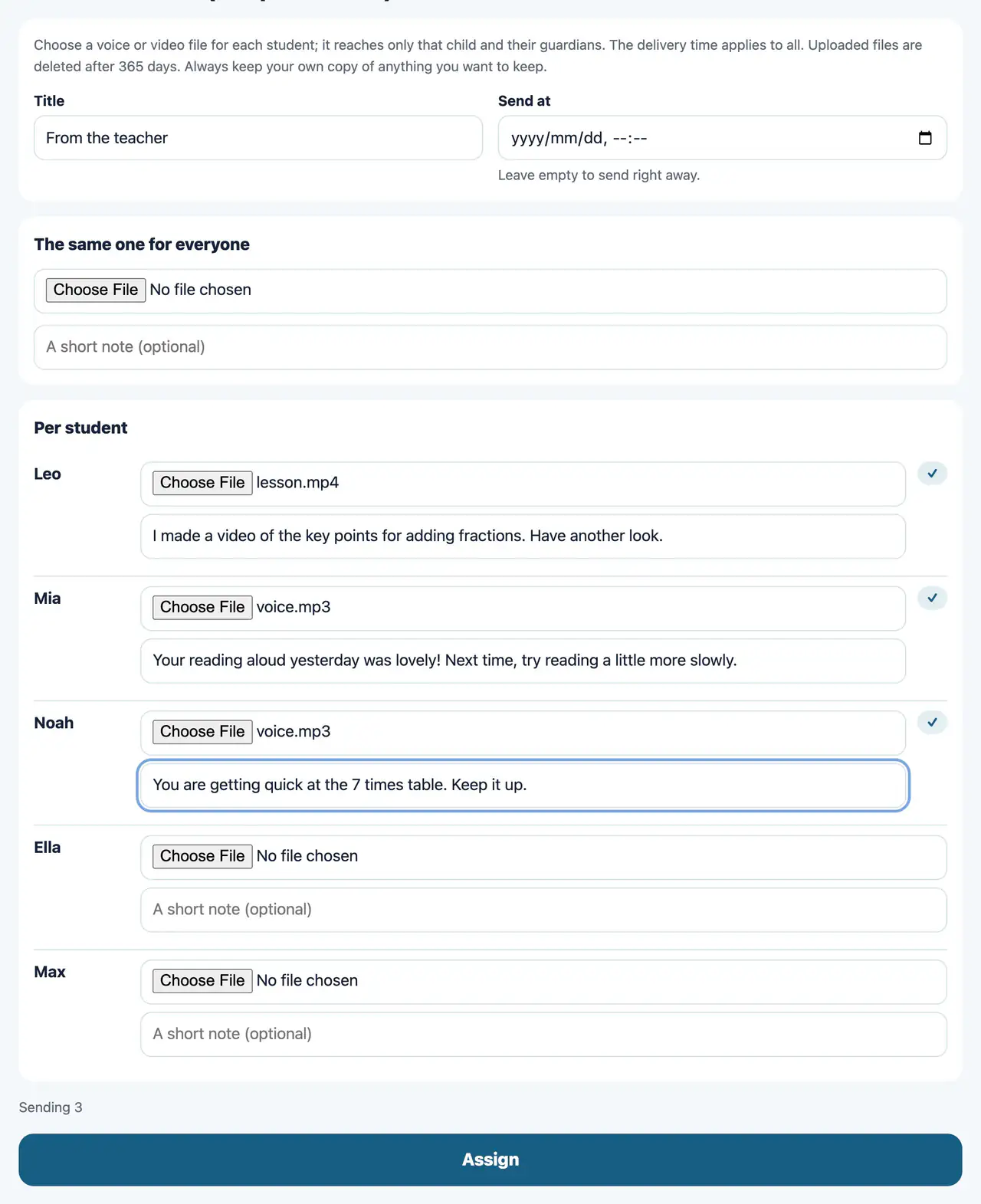 The screen for sending a voice message to each student
