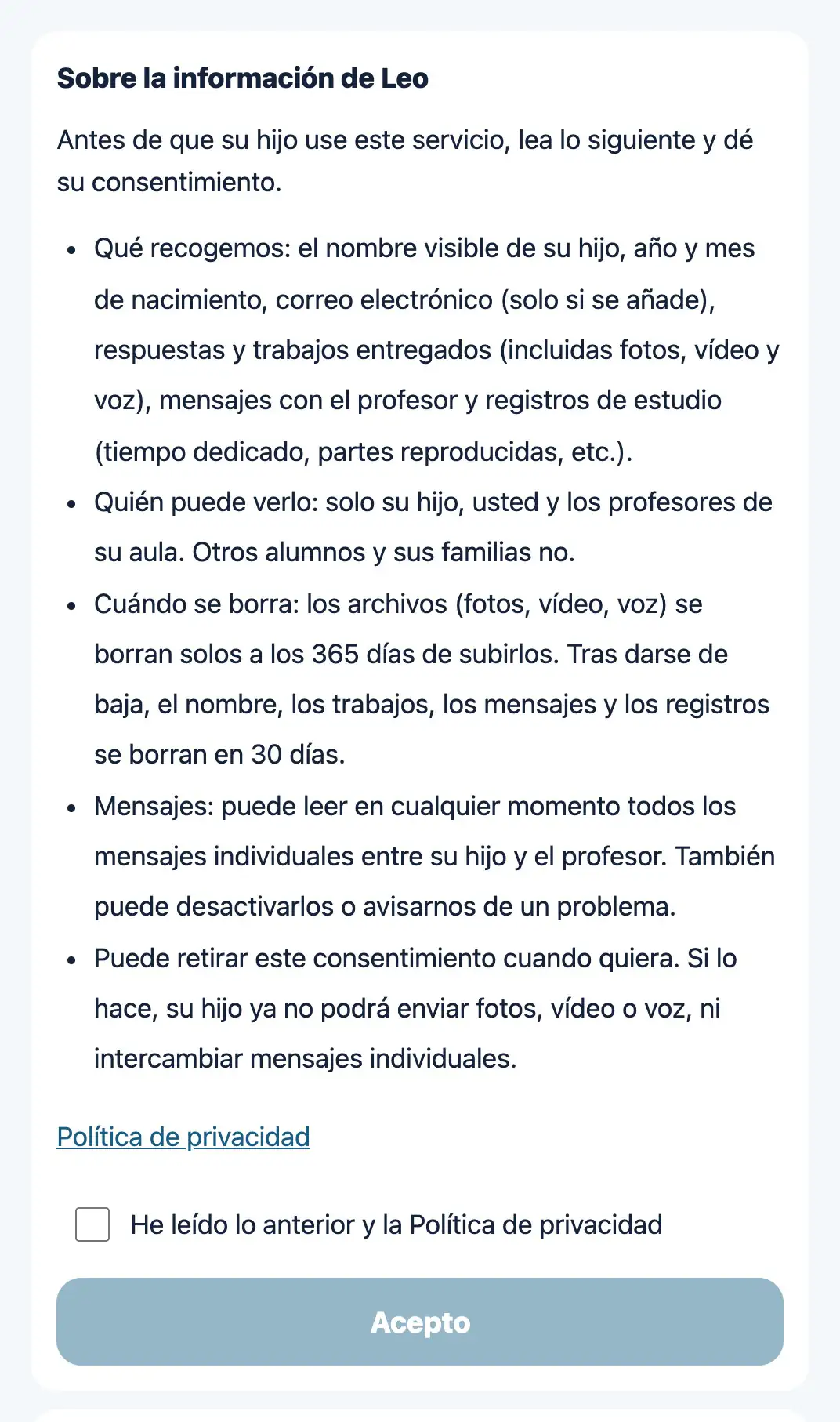 Pantalla del consentimiento de la familia