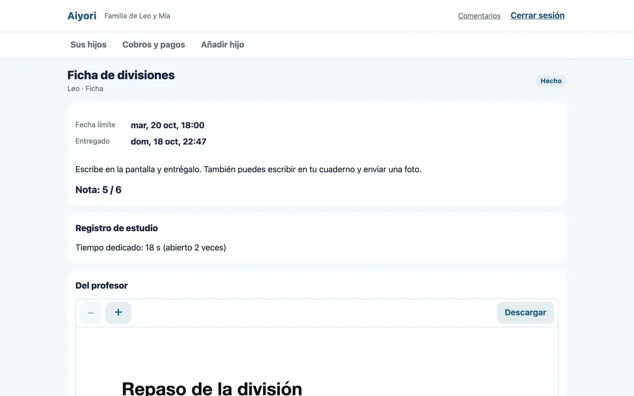 Detalle de una tarea visto por la familia
