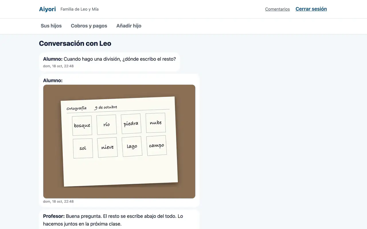 Pantalla donde la familia lee los mensajes entre su hijo y el profesor