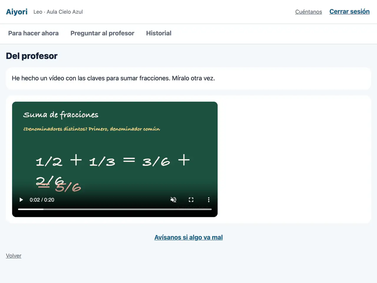 Pantalla con los mensajes de voz del profesor