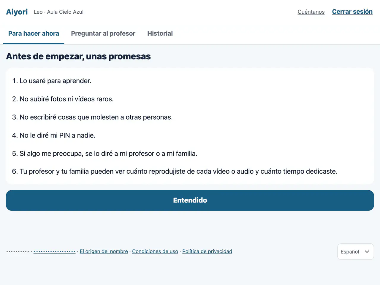 Pantalla «Antes de empezar, unas promesas»