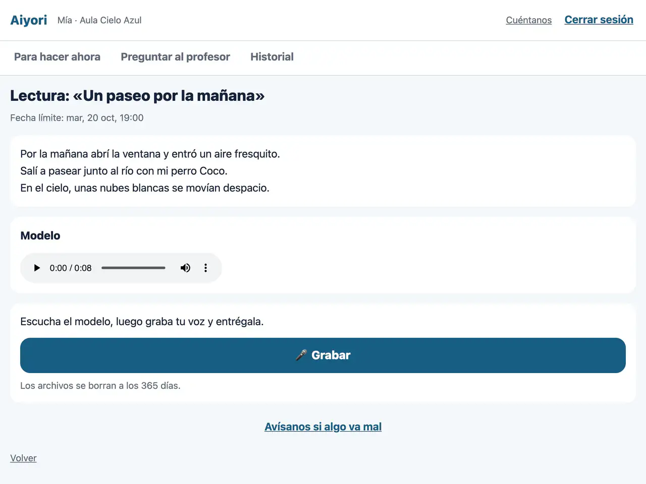 Pantalla de lectura en voz alta