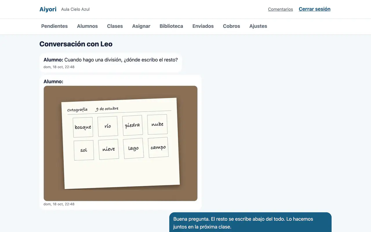 Pantalla de mensajes entre el profesor y el alumno