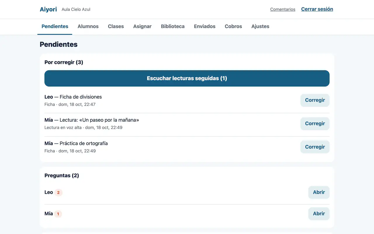 Pantalla «Pendientes» del profesor