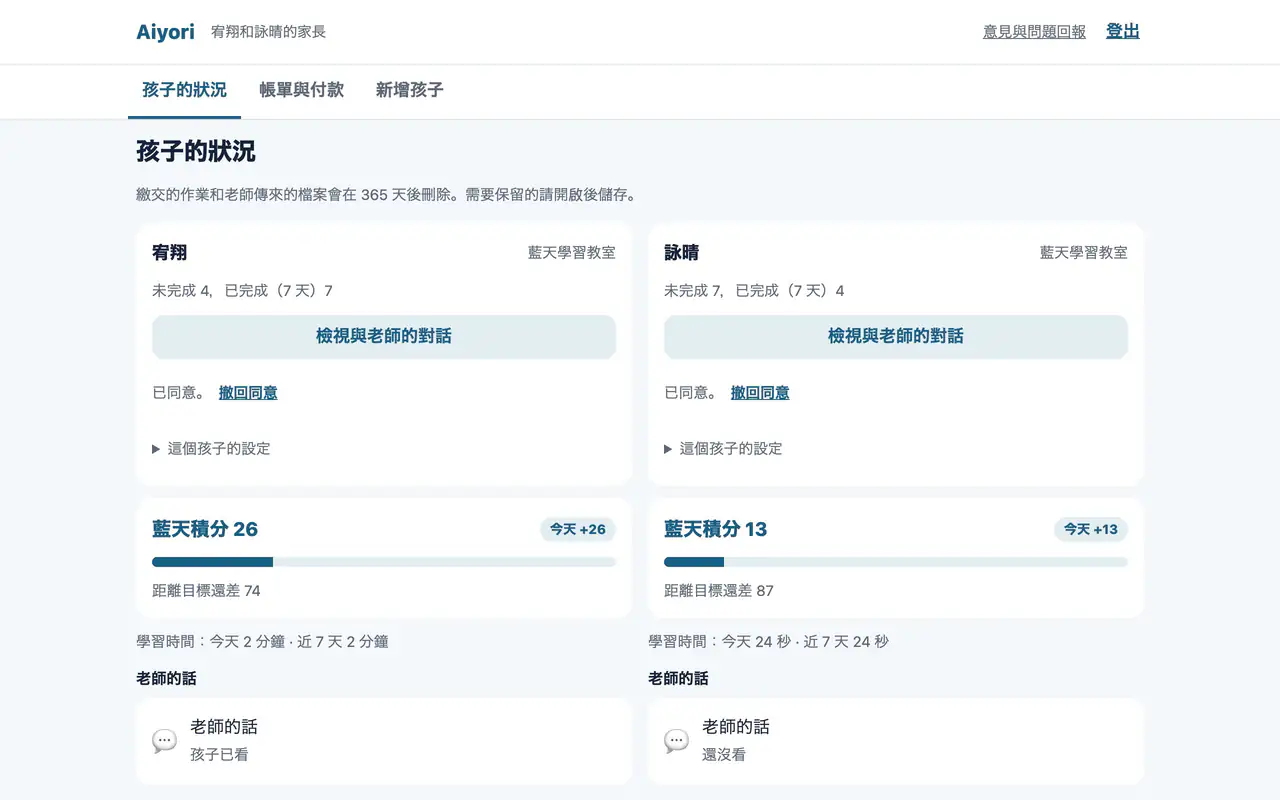 家長的畫面。依孩子分別列出未完成的數量、已完成的數量、學習時間，以及老師的語音